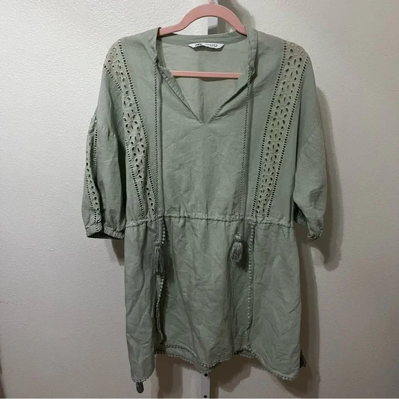 Zara Sage Green Linen Blend Eyelet Tassel Mini Dress Womens Medium - Picture 3 of 11